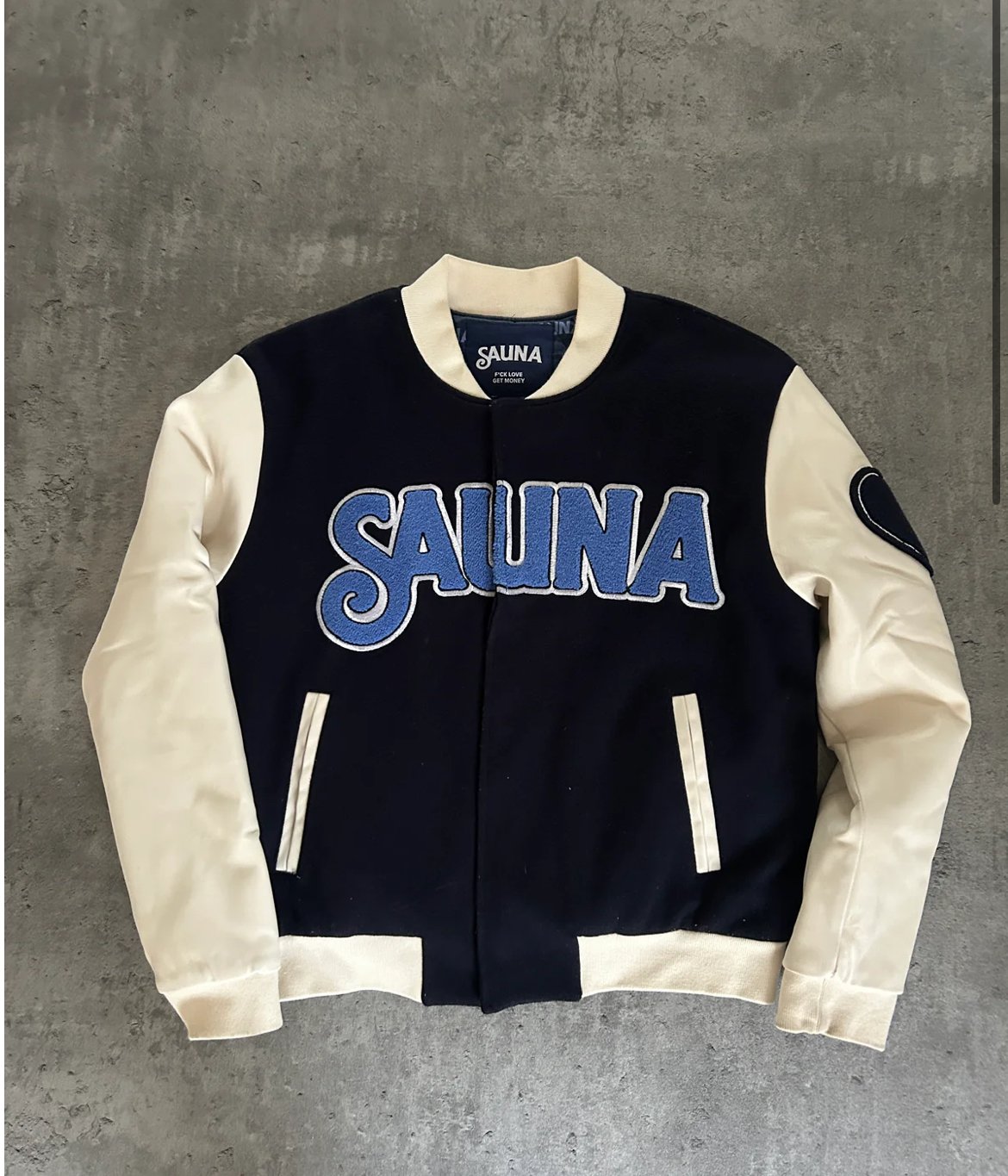 SAUNA “MONEY OVER EVERYTHING” VARSITY JACKET (S)