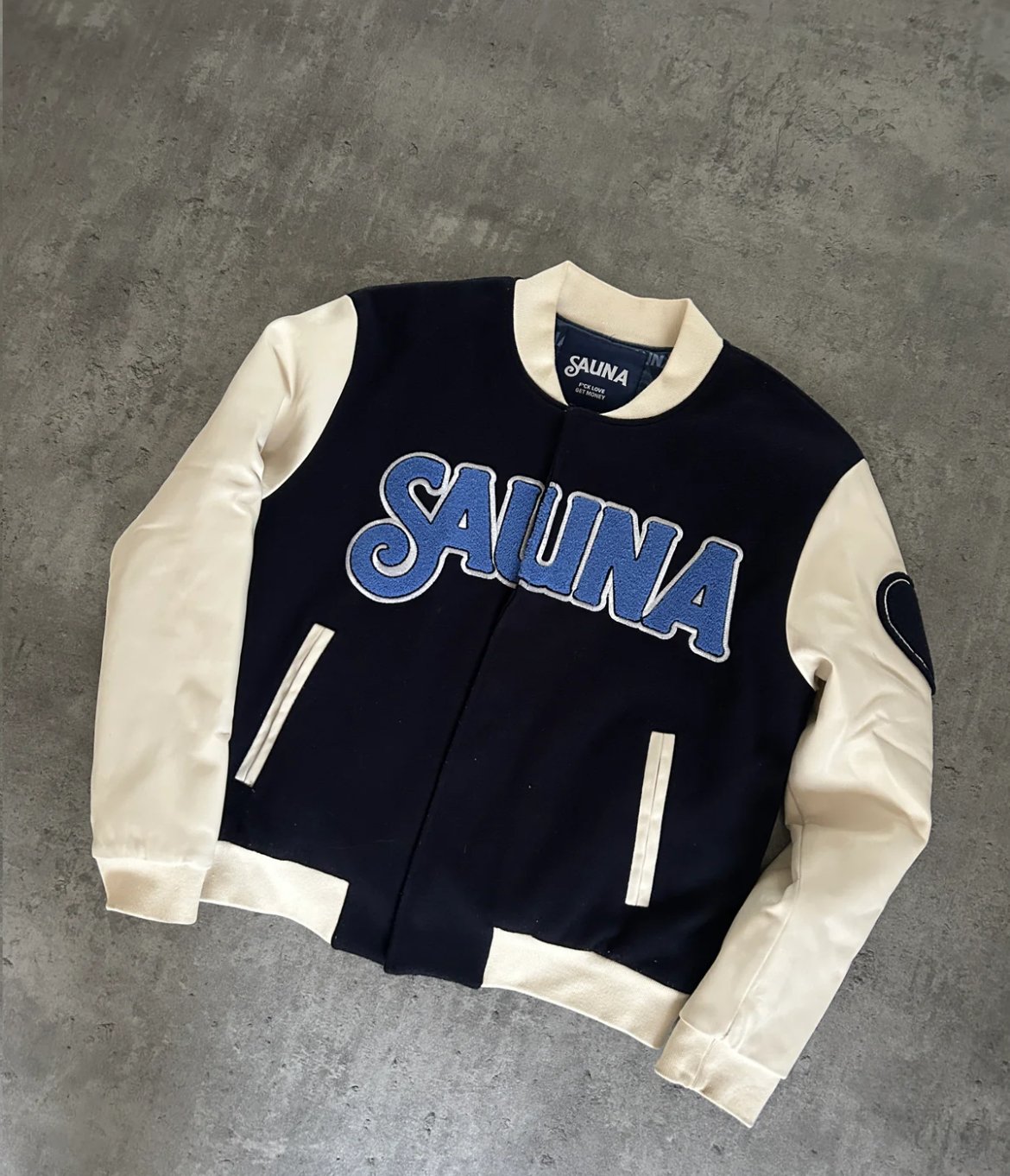 SAUNA “MONEY OVER EVERYTHING” VARSITY JACKET (S)