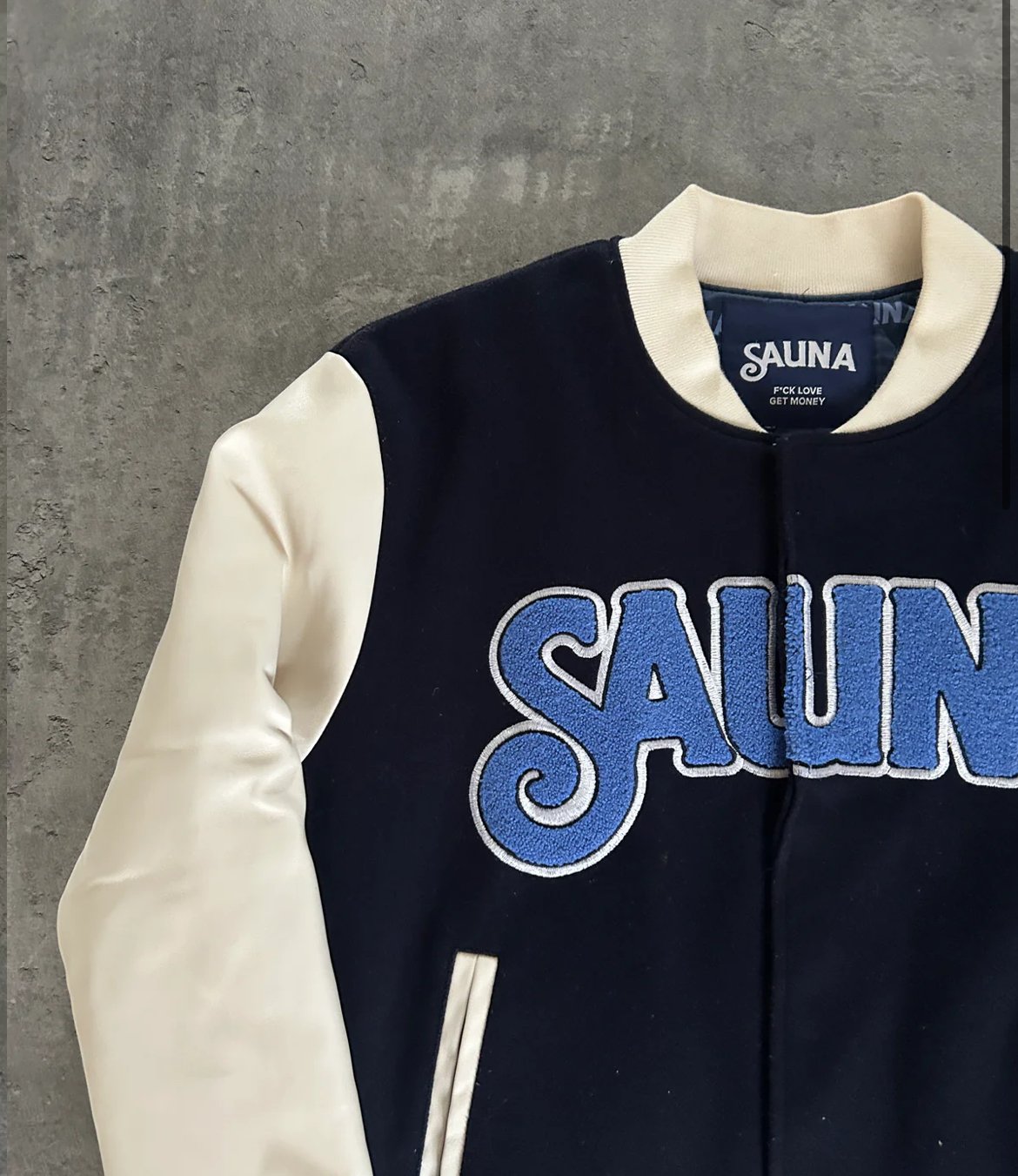 SAUNA “MONEY OVER EVERYTHING” VARSITY JACKET (S)