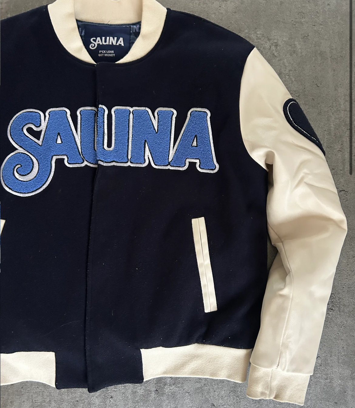 SAUNA “MONEY OVER EVERYTHING” VARSITY JACKET (S)
