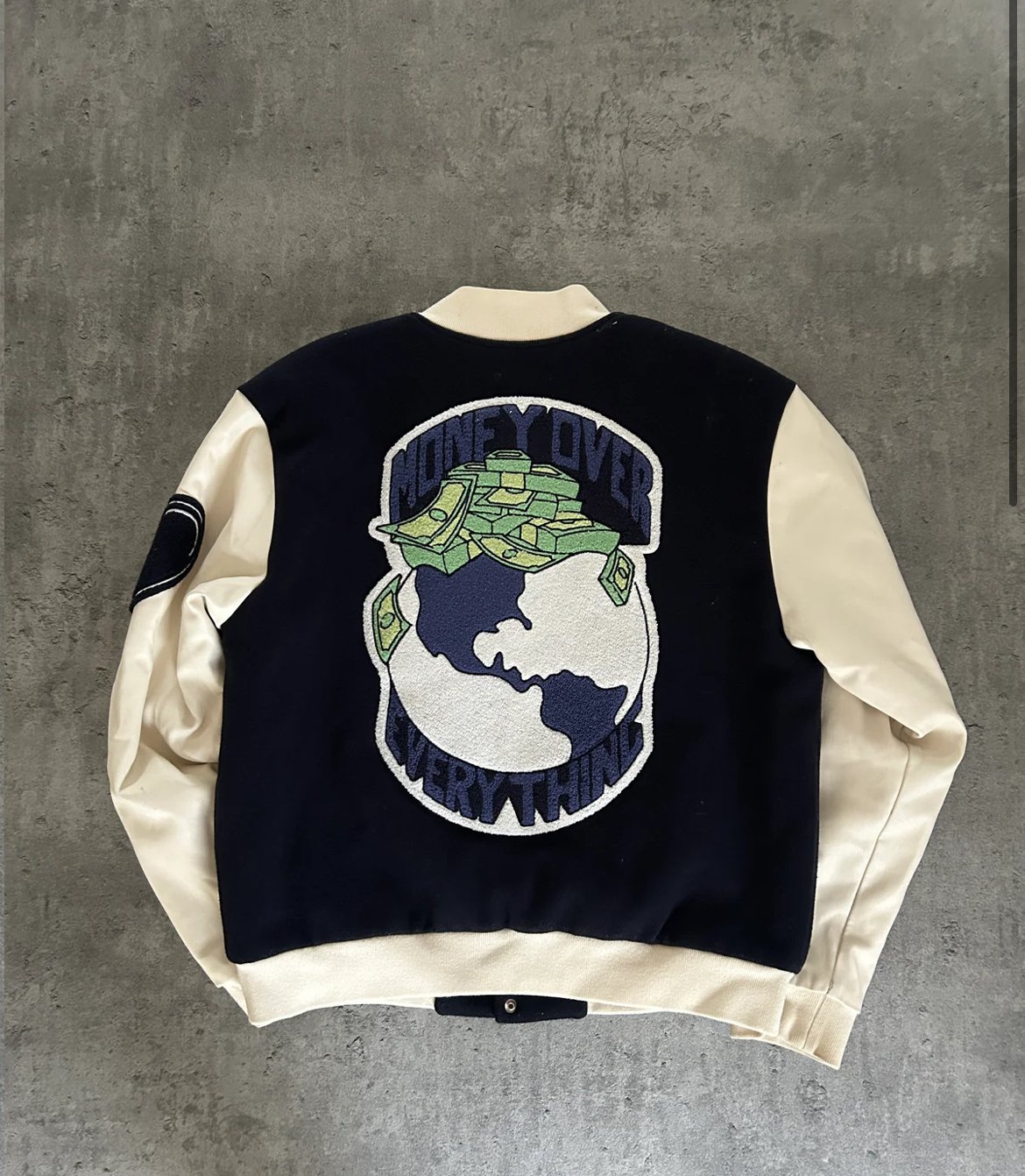 SAUNA “MONEY OVER EVERYTHING” VARSITY JACKET (S)