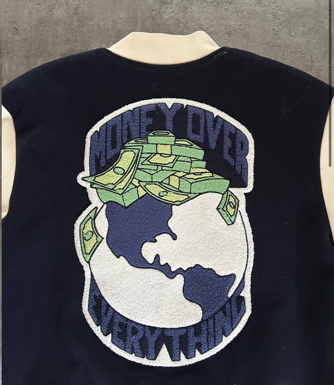 SAUNA “MONEY OVER EVERYTHING” VARSITY JACKET (S)