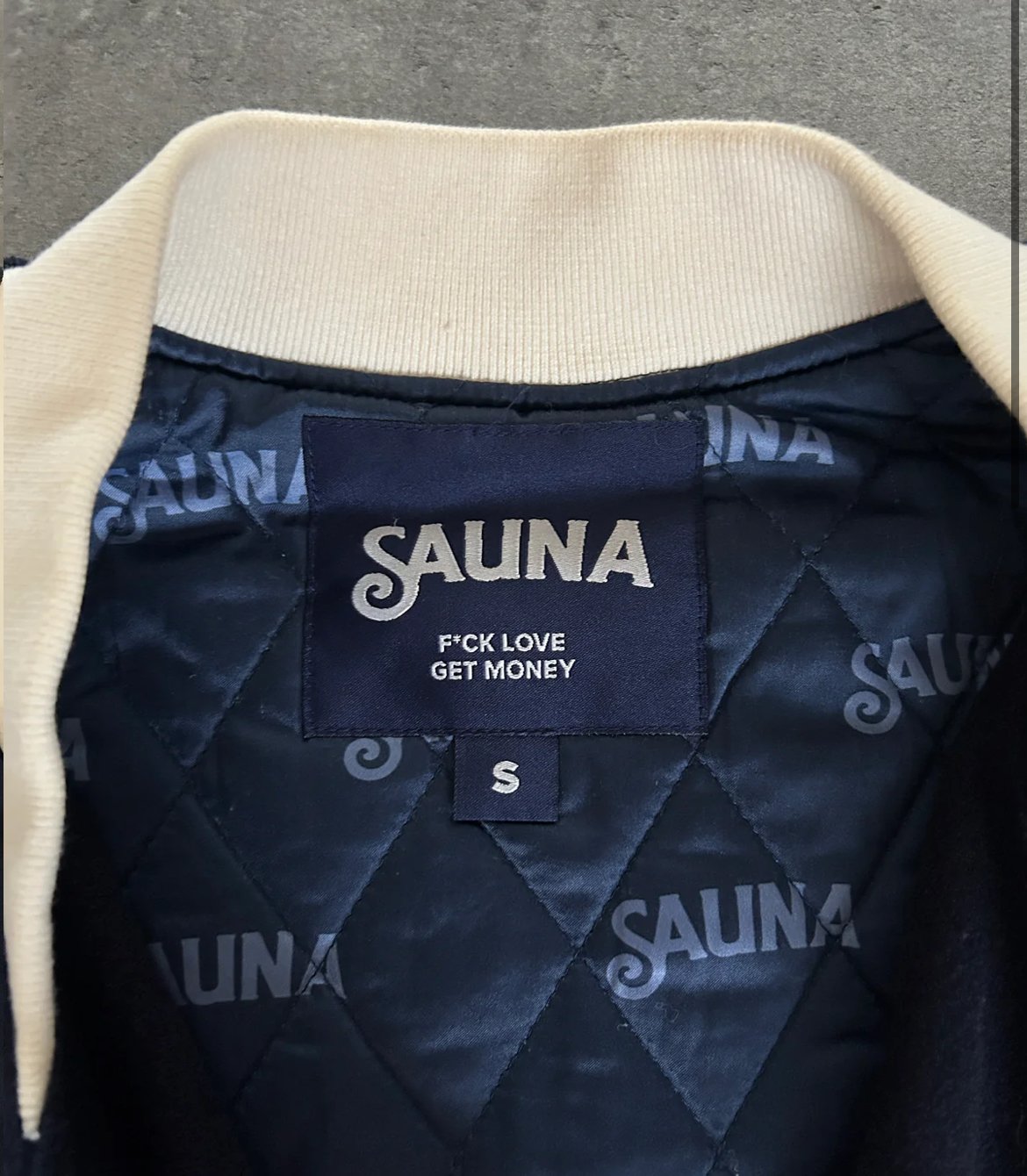 SAUNA “MONEY OVER EVERYTHING” VARSITY JACKET (S)
